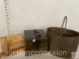 3 boxes/basket - metal & wood, lg. metal weaved basket 12