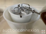 2 vintage Glasbake mixing bowls with beaters and juicer attachments, 9.5