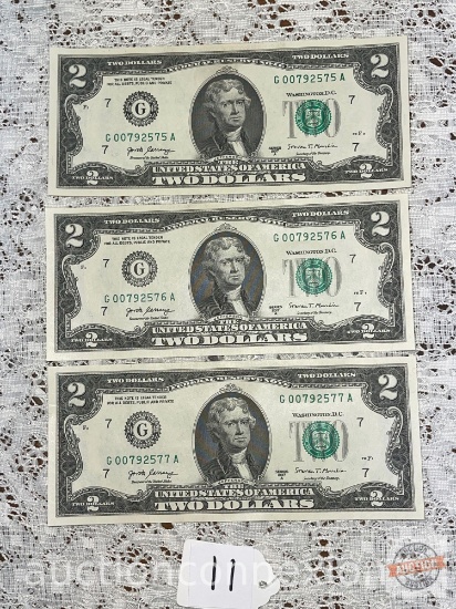 Currency - 3 - 2017A Series $2 bills, consecutive, G00792575A, G00792576A, G00792577A