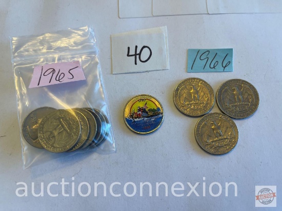 Coins - 11 Quarters - 7-1965, 3-1966 Washington quarters, 1-1997 Colorized New Jersey state quarter