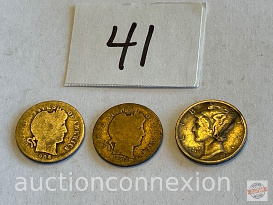 Coins - 3 Dimes - 1902 & 1908 Barber Dime and 1944s Mercury Dime