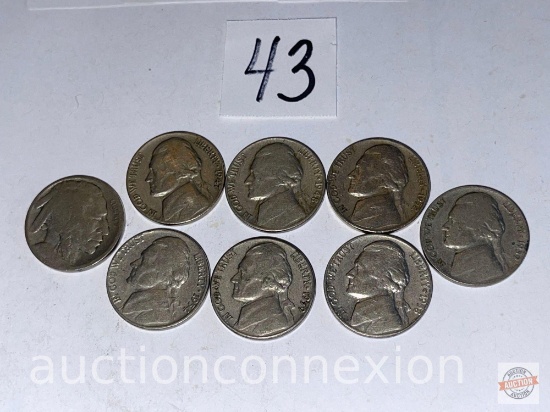 Coins - 8 Nickels - Undated "s" Indian head/buffalo, 1939, 1947, 1948, 1952, 1954, 1958, 1959