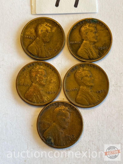 Coins - 5 Wheat Pennies - 1919, 1926, 1927, 2-1929