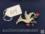 Jewelry - Brooch, enameled dove w/ rhinestones, Christmas holly, 2.25