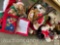 Christmas - 3 boxes stuffed animal Christmas santas, bears, carol books and stockings