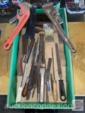 Tools - Files and wire brushes, chisels and 2 pipe wrenches