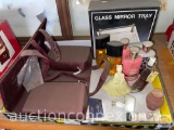 Vanity items - Glass mirror tray, travel case, perfumes etc.
