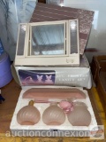 Vanity items - Lighted make-up mirror, 4pc. frosted vanity set, orig. boxes