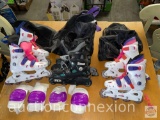 Roller Blades - 3 sets of kids roller blade skates sz 4 & 13 and knee guards with totes