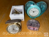 Clocks - 4 accent clocks - Timex mini plane in box, glass heart, travel alarm etc.