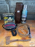 Vintage - Hatchet, 3 qt canteen in orig. box, Stanley Aladdin's thermos, new in case & leather Whip