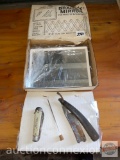 Vintage - Bracket mirror, plain & magnifying in orig. box, straight razor and adv. pocket knife