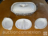 Kitchen ware - White Covered pottery casserole dish in stand and individual dishes