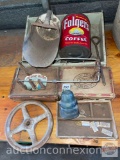 Vintage - cigar boxes, Folgers Coffee can, iron wheel, Scoop, glass California blue insulator