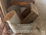 Vintage - Sq. galvanized tub, 2 galvanized pails and old lug box