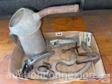 Vintage - Automotive - 2qt oil can w/spout, 2 oil spouts, 2 tire patch clamp Vulcanizer tools & mag