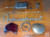 Vintage - Automotive - car parts, name emblems (International, Chevrolet) , reflector, knobs etc.