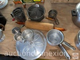 Kitchen ware - Vintage wooden handled sifter, reamer, measure cups, Wearever & misc. aluminum ware