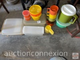 Kitchen ware - Tupperware items, pitcher, mugs, bread box, deviled egg, cheese container, measuring