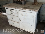 Vintage Tool cart, metal base, wood top, iron wheels, 4 drawers, 1 door, 2 shelves, 42