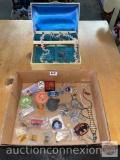 Jewelry - Vintage jewelry box, Hawaii Ka Lima shell necklace, misc. keychains, keys, pins, tiger