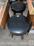 Furniture - 2 stools, wooden 4 legs, foot rail, vinyl upholstered seats