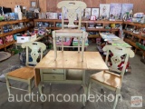 Furniture - Drop leaf table w/2 drawers and 3 wide seat side chairs, green & natural wood