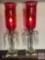 Candelabra electric mantle lights w/prisms and Cranberry cut to clear shades, 18.5