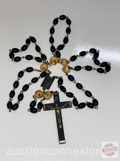 Jewelry - Rosary, 7 bone skulls and wooden beads, Italy