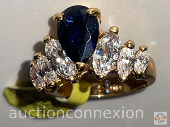 Jewelry - Fashion Cocktail Ring, 14k gold electroplated cubic zirconia, Lg. Blue pear shaped stone w