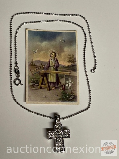 Religious card & necklace - Italy, Jesus as Carpenter Boy and Necklace w/thick cross pendant 1"