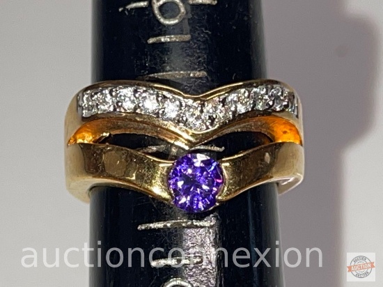 Jewelry - Fashion Cocktail Ring, 14k gold electroplated cubic zirconia, single purple solitaire w/12