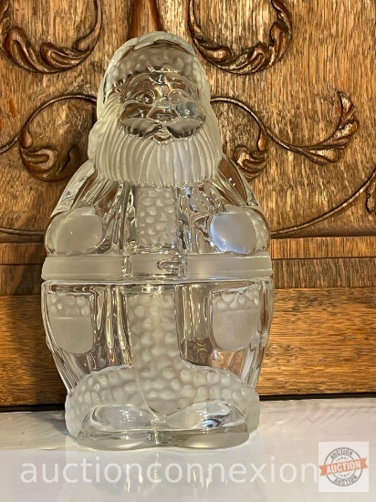 German crystal Glass Santa Treat Jar, 2pc, clear & frosted by Gorham, 9.25"h