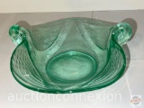 Vintage Green depression glass candy dish with swan handles, 7.5