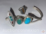 Jewelry - 3 rings and 1 bracelet part w/turquoise stones, 1 marked GT sterling w/crushed turquoise,.
