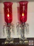 Candelabra electric mantle lights w/prisms and Cranberry cut to clear shades, 18.5