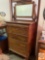 Furniture - Vintage oak highboy dresser, 5 drawers, harped & beveled mirror, 33