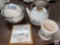 Dish ware - 6 pc - 3 stacking metal mixing bowls, 1 metal teapot, utensil holder, trivet