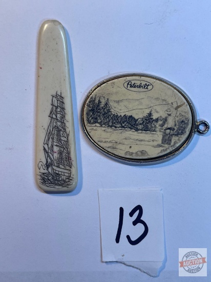 Scrimshaw - 2 - Resin oval pendant "Peterbuilt" by Barlow w/ fly fishing scene 1.75" and bone carv