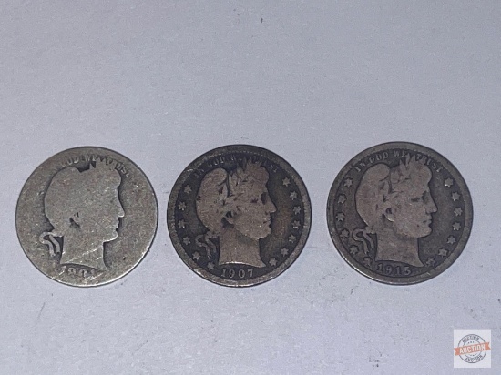 Coins - 3 Barber quarter dollars 1901,1907, 1915