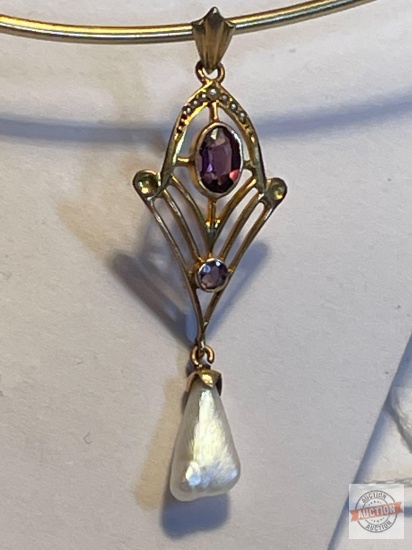 Jewelry - Choker w 10k pendant with fresh water pearl, 7 seed pearls and amethyst