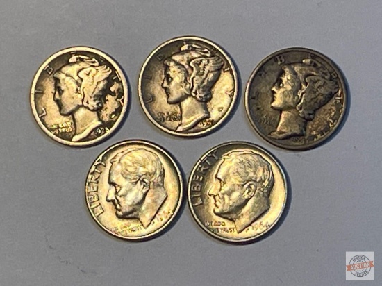 Coins - 5 US Dimes, 1928, 1941, 1943, 2-1964 Ike
