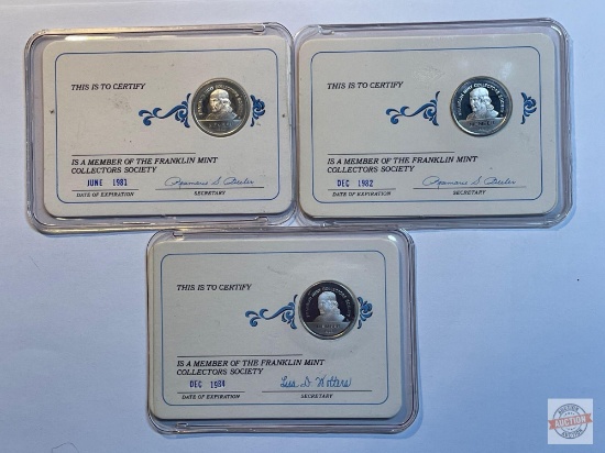 Coins - 3 Franklin Mint Collectors Society Membership cards w/ Ben Franklin coin, 1981, 1982, 1984