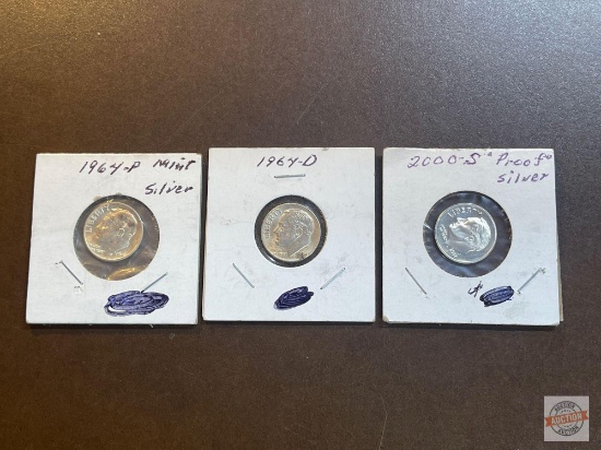 Coins - 3 US Dimes, 1964 -P Mint silver, 1964-D, 2000 -S Proof silver