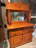 Furniture - Ornate vintage oak sideboard, 2 pc. 1 lined drawer - 3 drawers, 2 door base, beveled mir