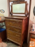 Furniture - Vintage oak highboy dresser, 5 drawers, harped & beveled mirror, 33