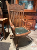 Furniture - Vintage oak role top office chair, arrow back, bentwood arms, studded seat, 4 arm wheel