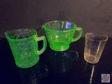 Glassware - Vaseline glass - 3 - sm. pitcher, measuring cup and 1 small clear measure glass