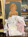 Vintage Baby print by Maud Tousey Fangel, (as is) & misc. baby clothing, blankets, pillow cases etc.