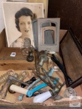 Misc. handles, enema nozzles, boneless codfish box, vintage faucets, electrical glass insulators etc